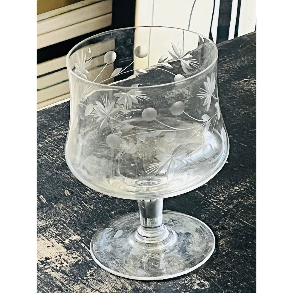 MCM Arcadia Etched Brandy Glass 1950s 1960s Romania Vintage Snifter Single Glass